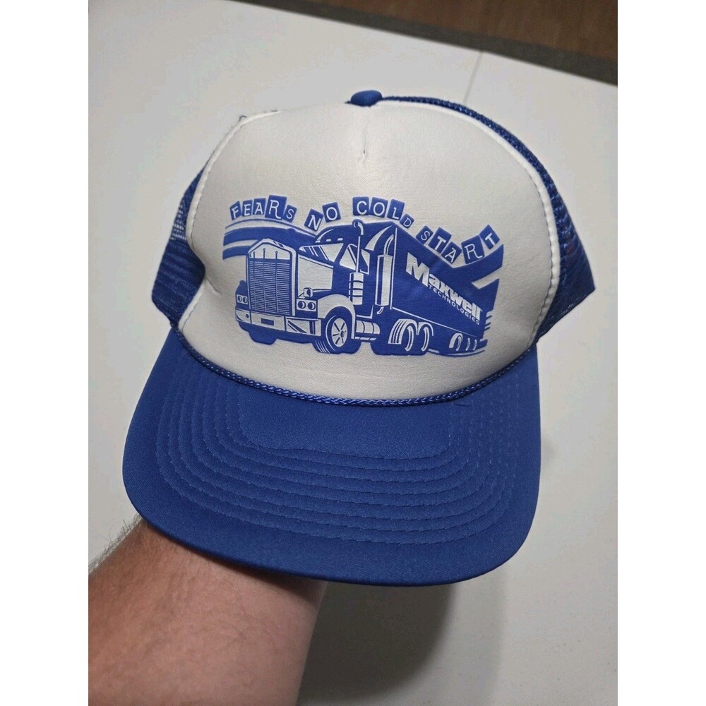 Vintage Maxwell Technologies Trucker Hat Semi Truck Foam Snapback Cap Cameo Blue